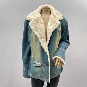 Aeropostale Vtg 90s Jacket Women L Jean Fur Lined Faded Denim Button Trucker